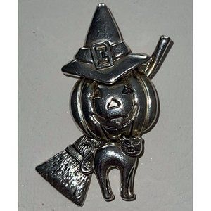Vtg MJ Signed Silver Gold Tone Metal Jack O'Lantern Brooch Pin Pendant Halloween